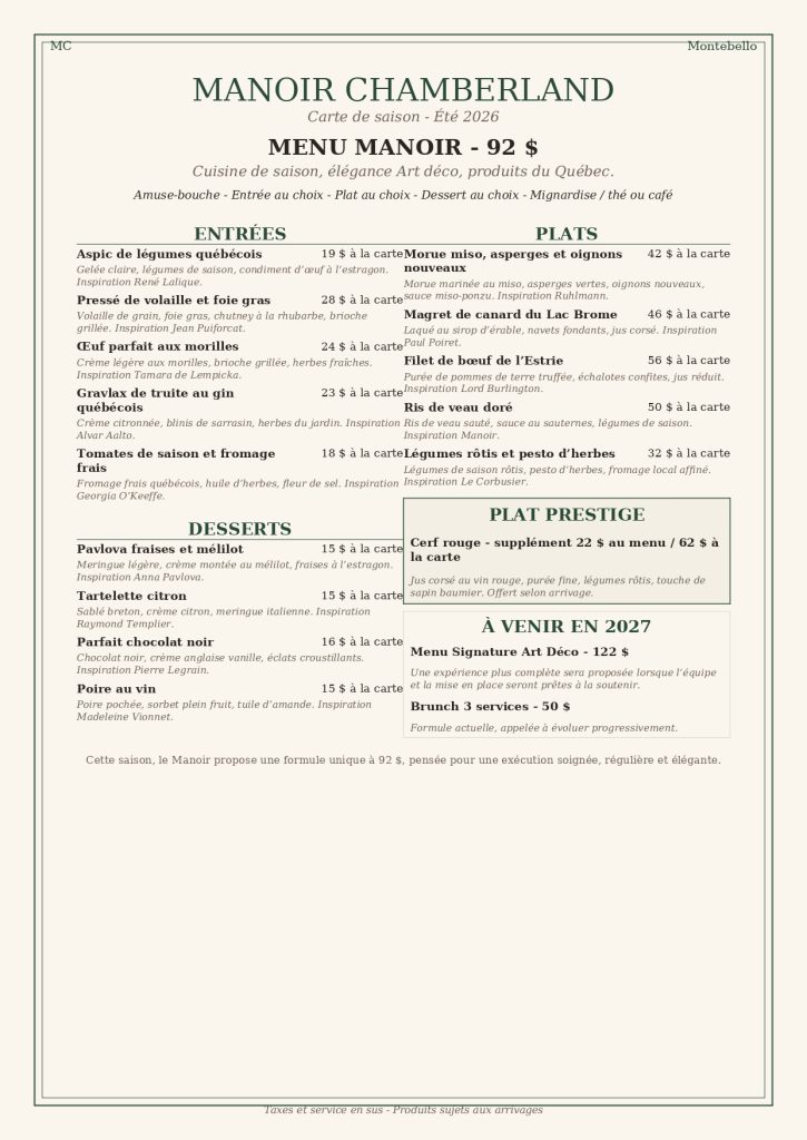 Menu Manoir Chamberland